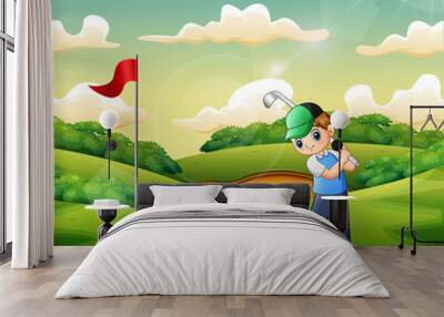 Joyful a boy playing golf in the court Wall mural