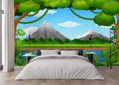 Landscape background with mountains and blue lake  Wall mural