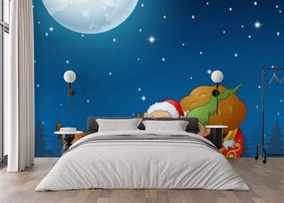 Santa and elf cartoon a riding in sled sleigh and gift bag with two reindeer in the night background
 Wall mural