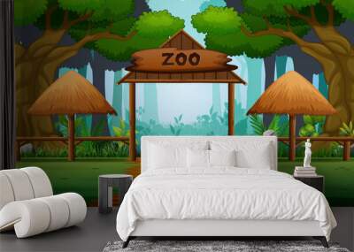 Scene with zoo entrance in forest background Wall mural