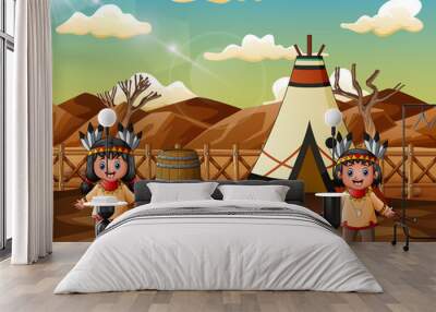 Two american indians cartoon with teepees in tribal location Wall mural