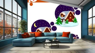 A winter night landscape with a wooden house, snowman and firs. Find 5 differences. Game for children Wall mural