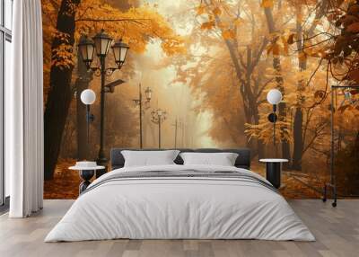 Autumn park with vintage street lamps. Misty morning with golden foliage. Beautiful nature landscape. Fall season concept. Design for wallpaper, banner, backdrop Wall mural