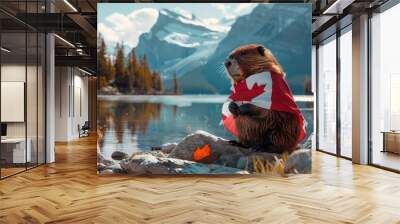 Beaver wrapped in Canadian flag by lake with mountains in background. Close-up of beaver against Canadian flag. Canada Day holiday. National celebration and patriotism concept. Banner, poster Wall mural