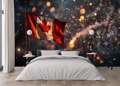 Canadian flag with fireworks in background. Canada Day holiday. National celebration and patriotism concept. Banner, design Wall mural