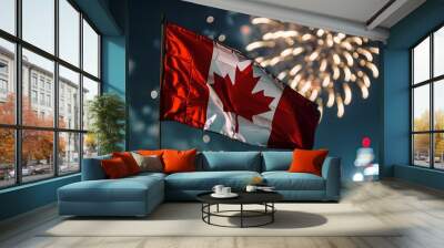 Canadian flag with fireworks in the sky. National celebration and patriotism concept. Banner, poster. Event, festival, parade Wall mural