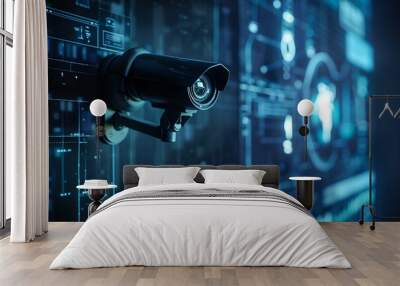 CCTV camera against a digital interface backdrop. Surveillance and futuristic security system concept. Artificial intelligence and facial recognition technology Wall mural