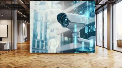 CCTV camera with futuristic digital interface on city building background. Modern surveillance and security system concept. Artificial intelligence and recognition technology. Banner with copy space Wall mural