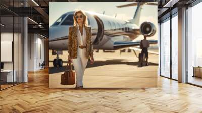 Confident woman going from private jet. Business travel transportation, aviation and luxury tourism concept. Commercial airplane. Successful businesswoman Wall mural