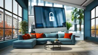 Digital padlock symbol on a computer screen in modern office. Futuristic cybersecurity and data protection concept. Business data privacy. Internet network security technology Wall mural