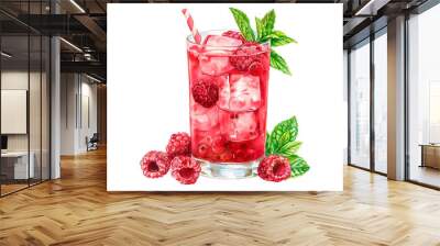 Glass of raspberry drink. Watercolor illustration on transparent background. Refreshing drink concept. Design for greeting card and print.  Wall mural