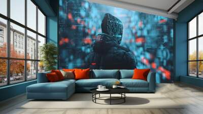 Hacker with digital abstract network background. Dark web, hacker attack, virus infected software and cyber security concept. Data thief, internet fraud. Hooded anonymous programmer Wall mural