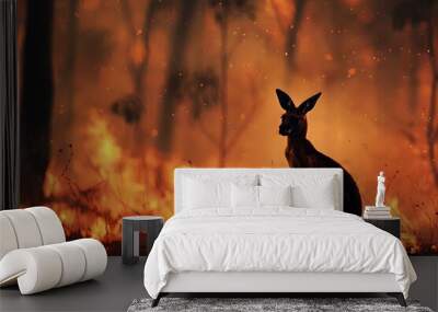 Kangaroo in burning Australian forest. Climate change and global warming. Natural disaster and wildfire concept. Design for banner, poster with copy space Wall mural