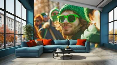 Man with green hat and sunglasses at Saint Patrick's Day festival. Design for banner, poster. Ireland and Irish culture. Holiday, celebration, carnival concept Wall mural