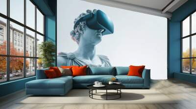 Marble sculpture with VR goggles on white background. Virtual reality, augmented reality concept. VR / AR metaverse simulation. Modern art and technology concept. Design for banner with copy space Wall mural