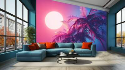 Palm trees against a neon sunset. Retrowave, synthwave, vaporwave aesthetics. Retro style, webpunk, retrofuturism. Illustration for design, print, poster. Summer vacation concept. Wall mural