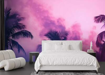 Palm trees silhouettes against smoke neon background. Summer vacation concept. Retrowave, synthwave, vaporwave aesthetics. Retro style, webpunk, retrofuturism. Illustration for design, poster, banner Wall mural