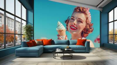 Pinup woman in swimsuit holding ice cream cone on a beach background. Vintage girl with soft-served ice-cream. Summer lifestyle concept. Design for banner, advertising, poster with copy space Wall mural