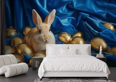 rabbit with golden eggs on blue satin fabric background. spring and springtime holiday. easter celeb Wall mural