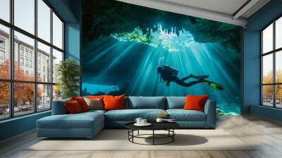 Scuba diver exploring an underwater cave. Mexico, Mexican cenote. Summer adventure and exploration concept. Beautiful landscape Wall mural