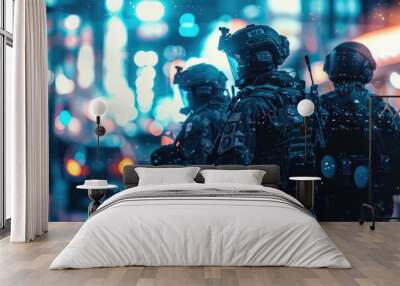 Squad of soldiers on patrol in night city. Urban warfare. Special operations and futuristic technology. Police of the future. Design for banner, poster, advertising Wall mural