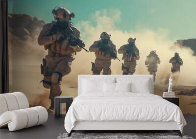 Squad of soldiers running in desert dust. Armed forces concept. War operation, military conflict, modern warfare. Design for banner, poster Wall mural