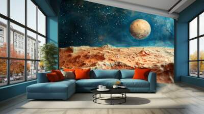 Textured martian landscape with a moon in the background. Plasticine art. Space exploration and science fiction concept. Realistic model diorama. Illustration for banner, design Wall mural