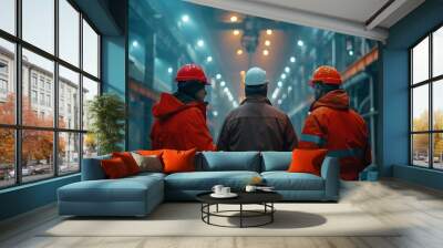 Three workers in vests and hard hats standing in a factory. Industry manufacturing and production concept. Industrial Specialist. Design for banner, poster Wall mural