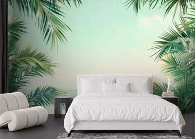 Tropical beach scene with palm tree. Summer vacation and travel concept. Frame design for banner, greeting, invitation. Vintage style Wall mural