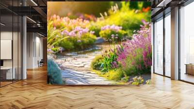 Vibrant garden pathway with assorted colorful flowers and plants. Garden design photography. Gardening concept. Design for poster, banner, greeting card. Panoramic shot with copy space Wall mural