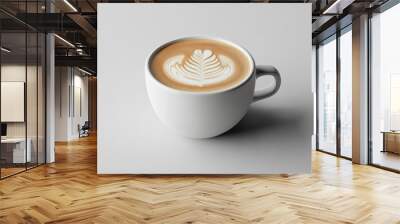 A coffee cup filled with hot latte and artistic foam, set on a plain white background for a minimalist and sleek appearance Wall mural