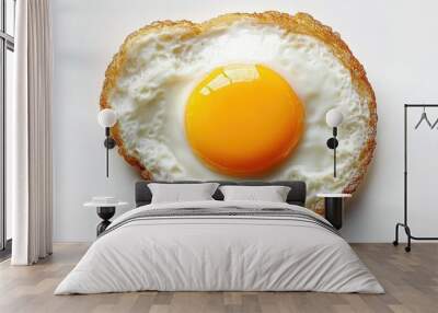 A fried egg with a crispy bottom and perfectly intact yolk, placed on a white background, offering a minimalist food presentation. Wall mural