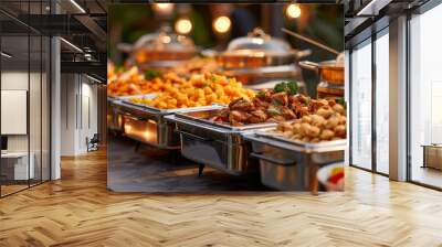 A long table with chafing dishes filled with delicious food, ready for an evening party. Group of people eating catering buffet food indoors at restaurant or wedding venue with colorful meat,vegetable Wall mural