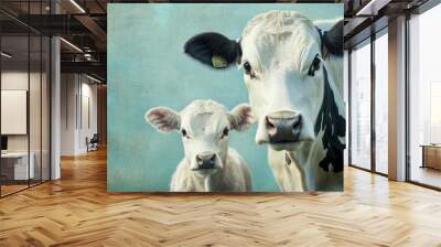 A mother cow with her calf, both gazing curiously at the camera, set against a soft blue background, conveying a sense of warmth and care. Wall mural