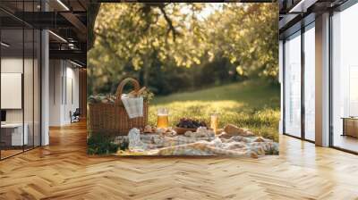 A scenic picnic setup in a park with friends enjoying food and drinks under the shade of trees, creating lasting memories. Wall mural