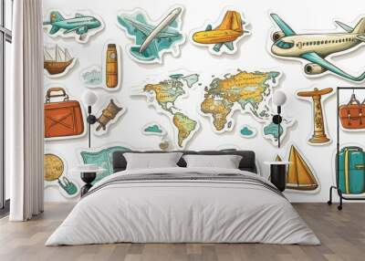 A set of cartoon stickers with travel icons like airplanes, maps, and luggage on a white background, ideal for travel journals and vacation themes. Wall mural