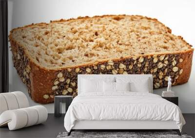 A slice of whole grain bread with seeds and grains, displayed on a pure white background Wall mural