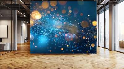 blue gold bokeh,  Golden light shine particles bokeh on blue background. . Abstract blue background with Dark blue and gold particle.Christmas banner Wall mural