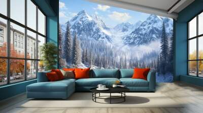 A beautiful winter scene with snow-covered mountains and a forest blanketed in fresh snow. Wall mural