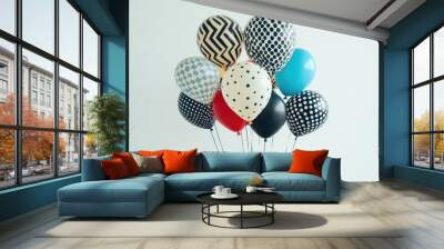 A cheerful display of helium-filled balloons tied together, featuring a mix of patterns and colors, captured against a pure white background for a lively atmosphere. Wall mural