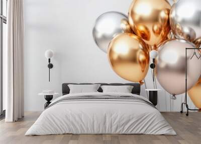 A group of metallic balloons in silver, gold, and rose gold, showcased on a white background to highlight luxury and celebration Wall mural