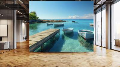 A seaside scene of crystal-clear water with boats gathered around a small pier, perfect for a calm coastal escape. Wall mural