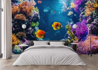 A vibrant underwater scene inside an aquarium, showcasing colorful tropical fish swimming among coral reefs and plants. Wall mural