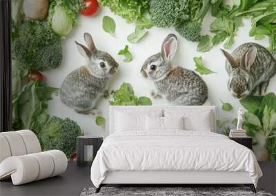 A whimsical flat lay of baby rabbits surrounded by fresh greens and vegetables, set against a bright white background, perfect for promoting pet nutrition. Wall mural