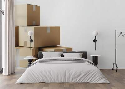 Several cardboard boxes of uniform size, stacked neatly with taped seals, placed on a plain white background, emphasizing shipping efficiency. Wall mural