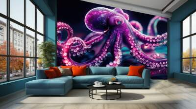 Surreal digital art of a pink octopus with glowing tentacles. A vibrant and imaginative illustration with a striking contrast of colors and luminescence. Wall mural