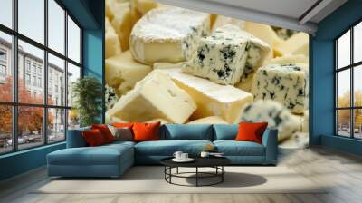 Close-up of gourmet cheeses, with blue cheese crumbles, brie slices, and Swiss cubes, highlighting textures for culinary displays. Wall mural