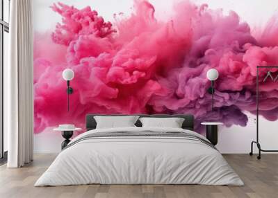 Pink smoke cloud on white background, pink red smoke paint explosion, Wall mural