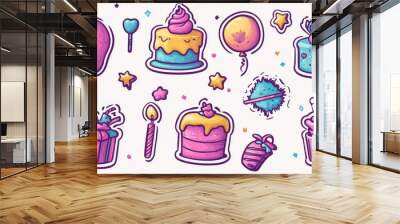 Vector set of cartoon birthday stickers featuring holiday gifts, balloons, and cake in a retro 90s style. Perfect for vibrant celebration labels and trendy promo materials. Wall mural