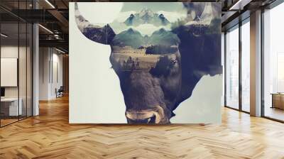 Double exposure. Photos of bull, forest and mountains Wall mural